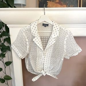 Modcloth sheer short sleeved floral button up with tie front